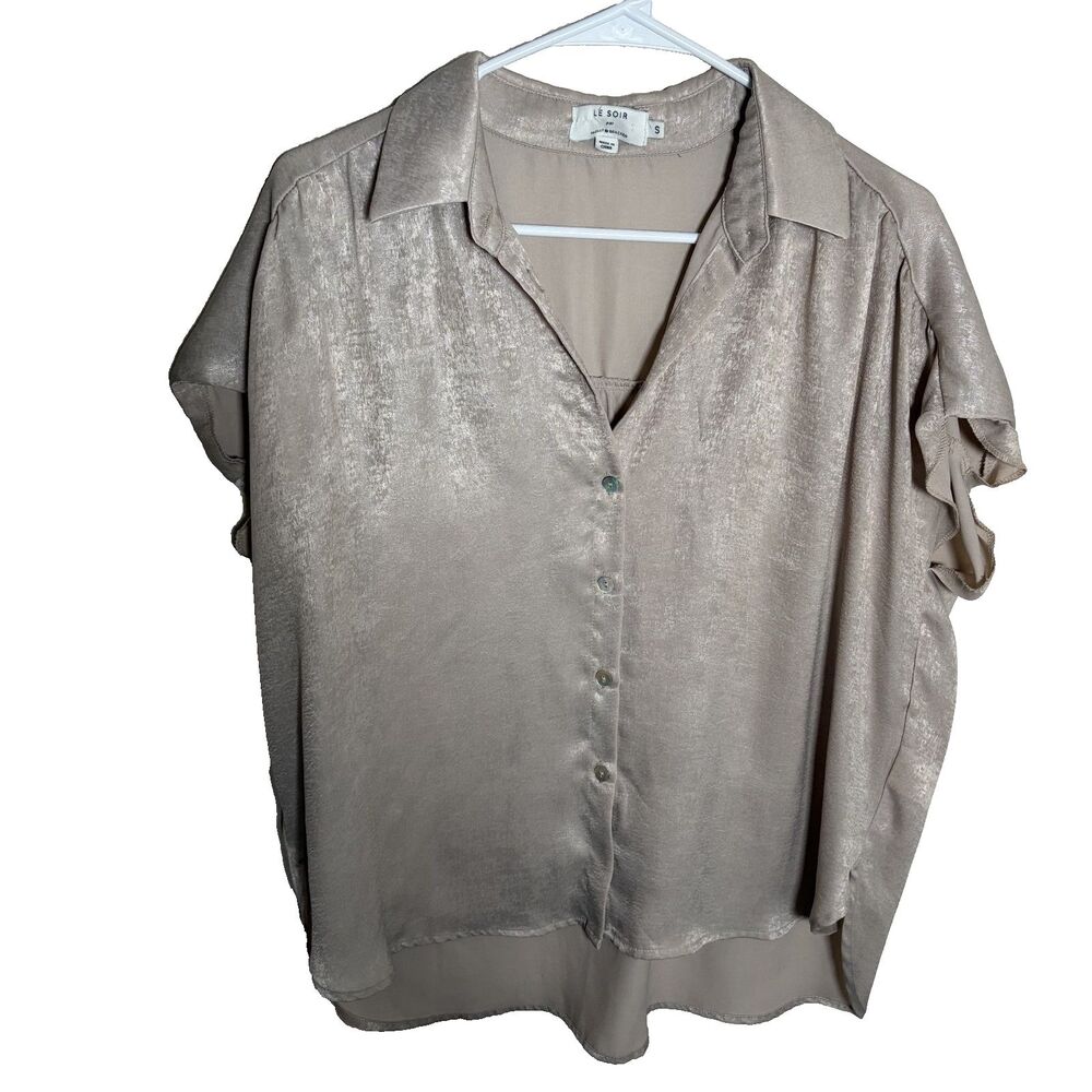 Le Soir par Molly Bracken Blouse Women's Small Brown Button Up Satin Top